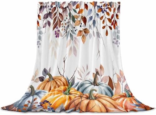 DecorLovee Orange Blue Fall Blanket 40"x60", Reversible Thanksgiving Throw Blanket for Couch/Bed/Camping, Maple Leaf Pumpkins Lightweight Soft Throw Blanket for Boys, Warm Fuzzy Blankets for Winter by DecorLovee
