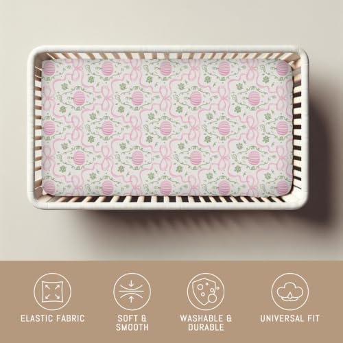 Fall Pink Pumpkins Bows Gingham Baby Crib Sheets for Girls Autumn Thanksgiving Harvest Soft Snug Fitted Crib Mattress Covers for 52''x28'' Standard Crib & Toddler Mattress Halloween Bed Sheets - Image 4
