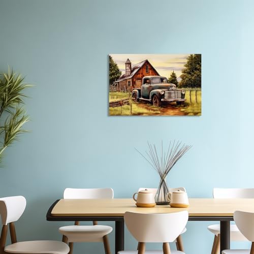 QIXIANG Farmhouse Vintage Truck Canvas Wall Art Blue Truck and Old Barn Country Picture Prints for Bathroom Office with Framed (12.00" x 18.00", Vintage) - Image 4