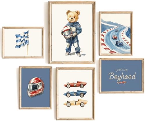 Nursery Race Car Wall Art Boys Room Canvas Wall Decor Vintage Nursery Prints Teddy Bear Poster Race Car Pictures Baby Boy Toddler Painting Artwork for Kids Bedroom Playroom 12x16 Inch Framed 6Pcs by Unknown