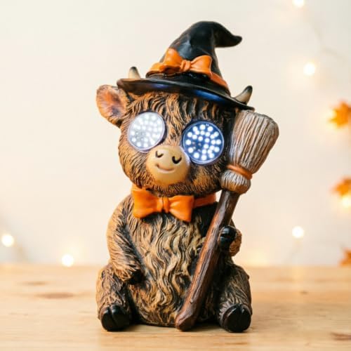 Halloween Highland Cow LED Statue, Witch Broom Decor - Image 4
