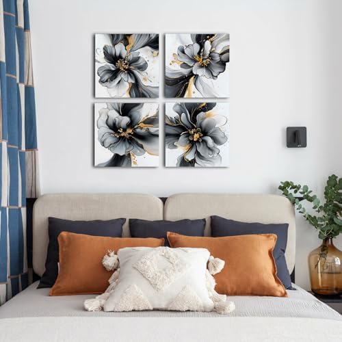 Abstract Canvas Art Black and White Floral Wall Painting Marble Fluid Watercolor Wall Art Gold Splash Ink Minimalist Modern Posters Living Room Bathroom Office Interior Home Decoration 20x20" 4 Pieces - Image 3