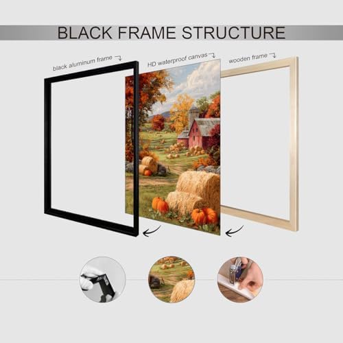 Autumn Farmhouse Wall Art – Rustic Red Barn Landscape with Pumpkins, Fall Harvest Canvas Print for Country Living Room or Seasonal Decor Display 16x20in Black aluminum frame - Image 3
