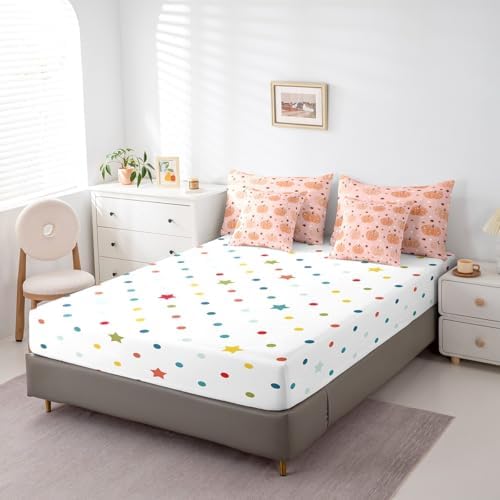Erosebridal 7 Piece Girls Kawaii Pumpkin Bed in A Bag King Fall Autumn Bedding Set Thanksgiving Pumpkins Comforter Set for Kids Adults Room Decor,Cute Boho Stars Sheet Set with Comforter - Image 5