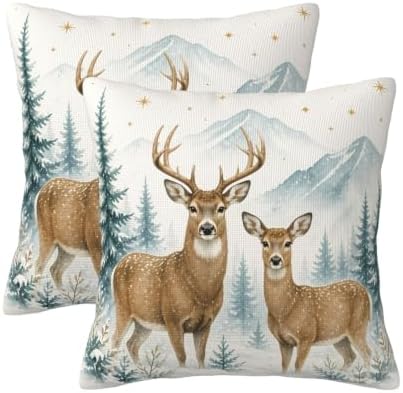 KiuLoam Winter Snow Deer Pillow Covers 16x16 Set of 2 Rustic Christma Decor by KiuLoam