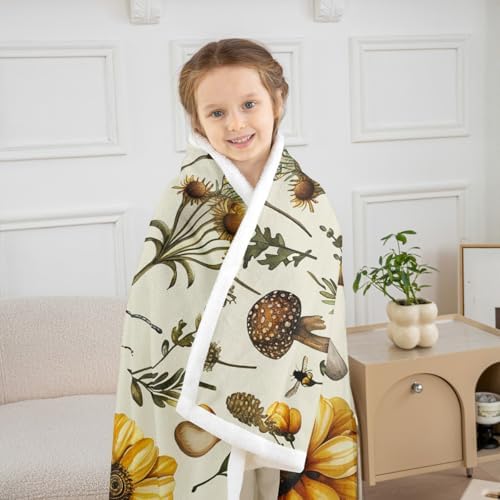 Honeybee Flowers Sherpa Blanket Wild Bee Animal Mushroom Throw Blanket Bedroom Living Room Soft Cozy Retro Rustic Blankets Decor for Bed Couch Sofa Yellow Black Green Flannel Blankets 30"x40" - Image 3