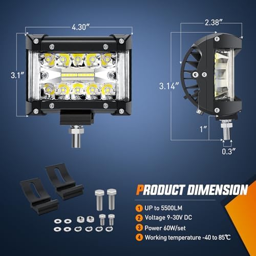 Nilight 2 PCS 4.3 Inch Side Shooter Light Bar Spot Flood Combo Triple Row