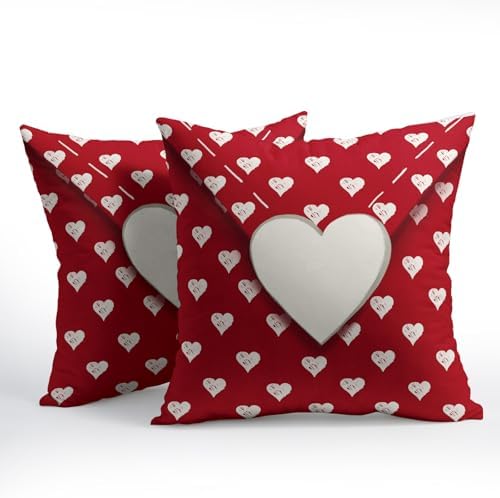 Valentines Day Pillow Covers 18x18 Set of 2 White Red Heart Throw Pillow Covers Love Pillowcase Linen Decoration Farmhouse Holiday Cozy Soft Cushion Case Couch for Indoor Outdoor Home Decor - Image 2