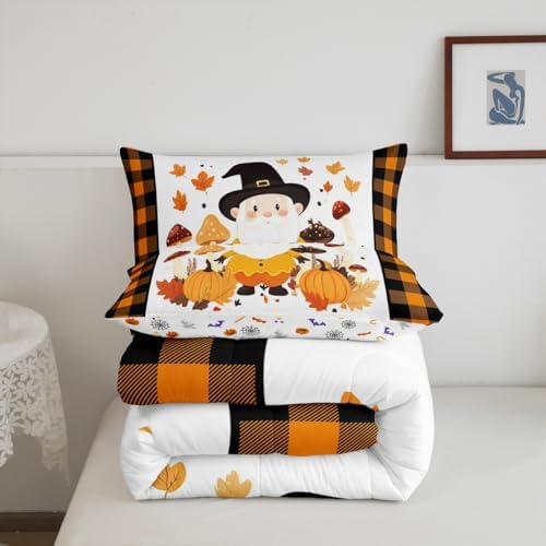 Erosebridal Cute Gnome Kids Bedding | Fall Twin Comforter Sets,Farmhouse Plaid Buffalo Grid Comforter Thanksgiving Autumn Leaves Duvet Insert with 1 Pillow Case - Image 6