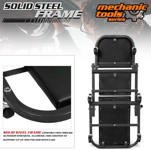 M-AUTO Foldable Z Creeper 2-in-1 Rolling Folding Car Creeper & Seat, 36" Adjustable Roller Garage Chair Lay Down or Sit, 330LBS Capacity Under Car Roller Creeper with 6 Swivel Casters, Black - Image 5