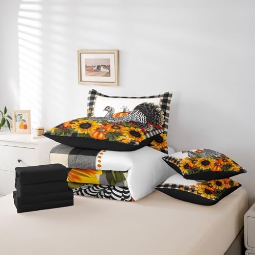 Erosebridal Black Turkey Queen Comforter Set - 7 Pieces Bed in a Bag Set,Thanksgiving Pumpkin Sunflower Bedding Sets Queen with Autumn Harvest Quilted Comforter,Flat Sheet,Fitted Sheet,Pillowcases - Image 6