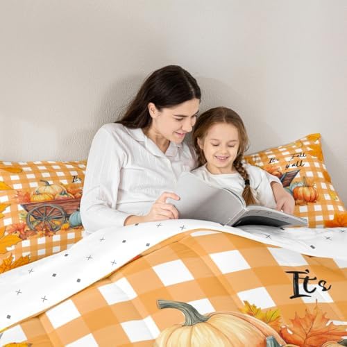 Maple Leaves Comforter Set Queen Size Orange Buffalo Plaid Bedding Set For Kids Boys Girls Fall Pumpkin Autum Harvest Down Comforter Thanksgiving Quilted Duvet Plant Leaf Room Decor 2 Pillow Cases - Image 6