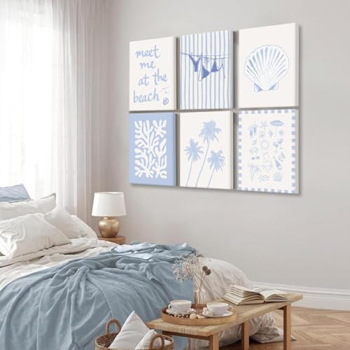 Blue Coastal Wall Art Decor Beach Preppy Canvas Poster Coastal Granddaughter Prints Aesthetic Beachy Picture Summer Bikini Coast Artwork Ocean Shell Painting for Girly Dorm 12x16x6 Inch Ready to Hang - Image 4