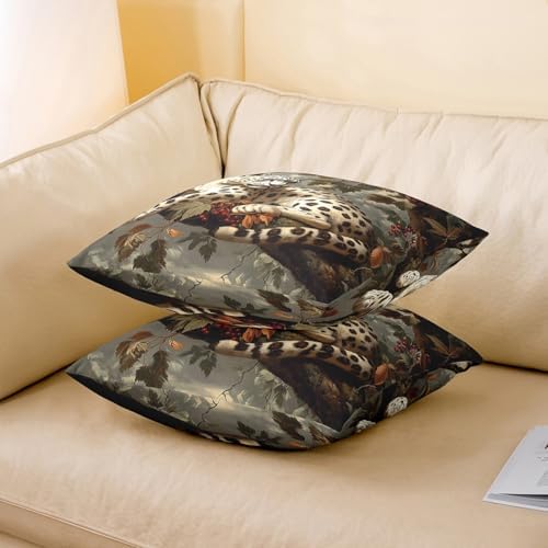 Pack of 2 Snow Leopard Pillow Covers 18"x18",Rustic Jungle White Cheetah Wild Animal Double Sides Print Cushion Covers,Fall Maple Leaves Branch Red Berry Square Couch Pillow Covers - Image 3