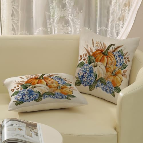 Fall Orange Pumpkin Hydrangea Floral Pillow Covers 18x18 Set of 2 - Image 5