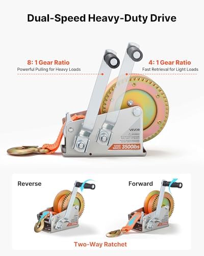 VEVOR Boat Winch, 3500 lbs Hand Winch, Heavy Duty Manual Rope Crank with 20ft Orange Polyester Strap, Portable Two-Way Ratchet, 2 Speed Switchable, Anti-Slip Handle Gear for Boat Trailer ATV Towing - Image 6