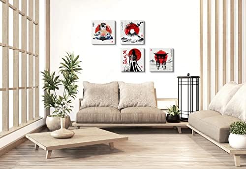 Japanese Wall Art Vintage Anime Posters Asian Samurai Geisha Fuji Mountain Picture Canvas Prints Red Decor for Living Room Bedroom Japan Painting Modern Artwork Bathroom Home Decorations 12x12” 4Pcs - Image 2