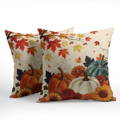 Fall Pumpkin Pillow Covers 20x20 Inch Set of 2, Autumn Blue Orange Throw Pillow Covers Harvest Thanksgiving Pillowcase, Maple Leaf Decorative Seasonal Cushion Case Couch for Indoor Outdoor Home Decor - Image 2