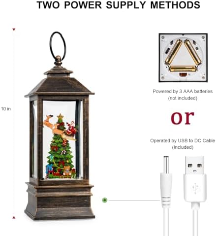 Christmas Snow Globe Lantern with Music & Timer, Vintage Lighted Musical Snow Globe with Swirling Water Glitter, Christmas Tree & Santa Scene, USB/Battery Operated Xmas Decor Gifts - Image 4