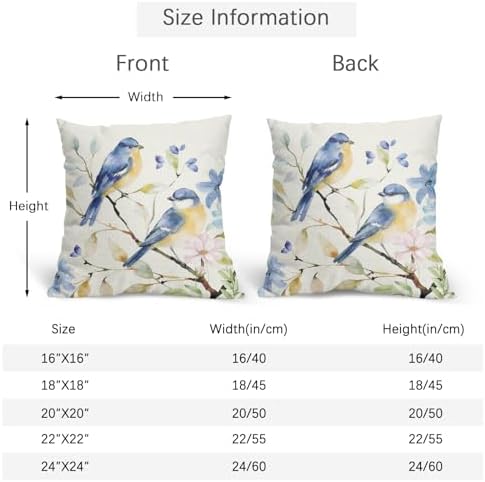 Spring Pillow Covers 20x20 Set of 2 Floral Throw Pillow Covers Rustic Blue Bird Pillowcase Linen Decoration Farmhouse Soft Decorative Summer Cushion Case Couch for Indoor Outdoor Home Decor - Image 4