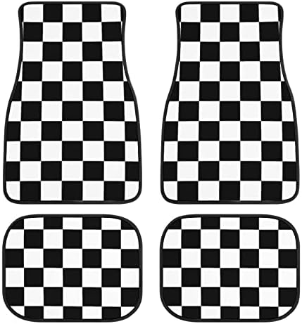 Plaid Car Floor Mats Set of 4,Geometric Checkered Plaid Pattern Vehicle Front Rear Carpets Mats Black White Car Floor Rugs Non-Slip Auto Foot Mats Car Accessories Universal Fit for Car SUV Truck Van
