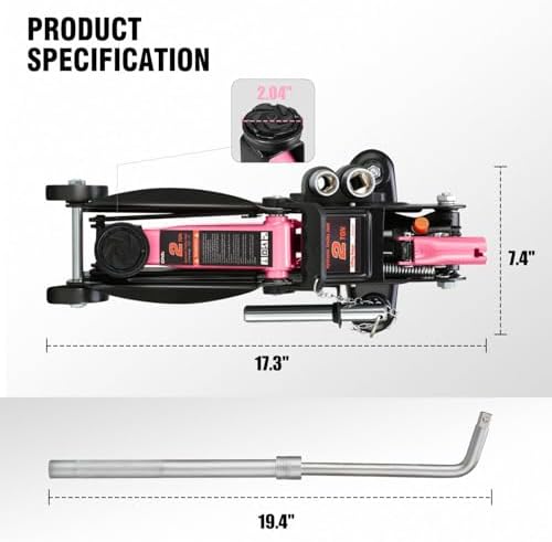 DNA Motoring Floor Jack with Socket and Lock, Low Profile Hydraulic Trolley Jack for Cars Lift, 2 Ton (4000 lbs) Capacity, Lifting Range 5.12"-13", Pink, TOOLS-00677-PK - Image 4