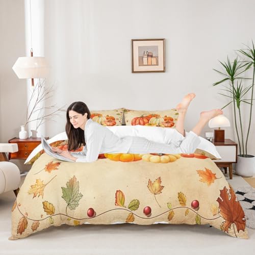 Fall Pumpkin Kids Duvet Cover Set King Size,Autumn Harvest Maple Leaf Bedding Set,Girls Boys Adults Room/Cabin Decor,Thanksgiving Retro Comforter Cover,Rustic Farmhouse Quilt Cover,2 Pillowcases by Manfei