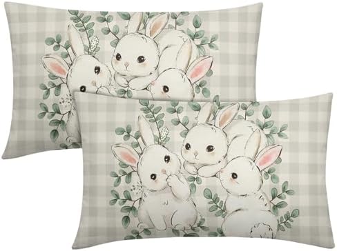 Easter Pillow Covers 12x20 Set of 2 Cute Bunny Rabbit Throw Pillow Covers Rustic Spring Pillowcase Linen Decoration Farmhouse Soft Decorative Plaid Cushion Case Couch for Indoor Outdoor Home Decor by Unknown