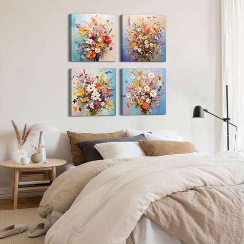 Modern Framed Colorful Wildflower Canvas Wall Art for Living Room Wild Flower Pictures Girls Bedroom Bathroom Decor Floral Prints Watercolors Pinting Bedroom Dinner Room Home Decorations 20x20”4 Pcs - Image 4
