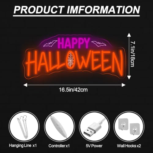 Happy Halloween Neon Sign, Bat Spider Wed Halloween LED Light, 16.5"x7.1" - Image 2