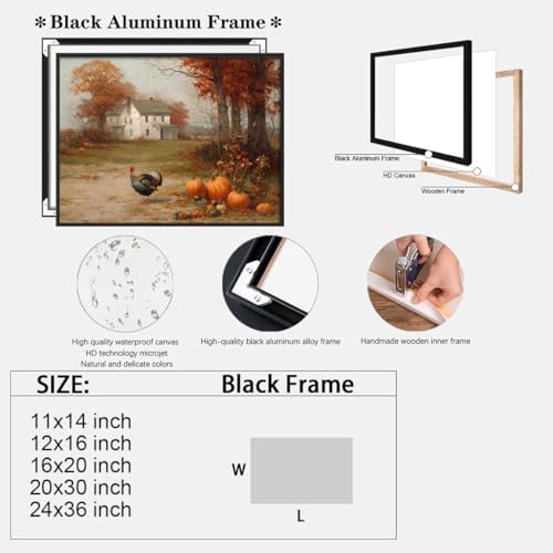 Autumn Farmhouse Wall Art with Turkey and Pumpkins – Vintage Thanksgiving Landscape Poster,Rustic Fall Harvest Canvas Print for Dining Room Decor 12x16in Black aluminum frame - Image 2