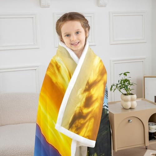 Nature Landscape Sherpa Blanket Mountain Jungle Sunrise Throw Blanket Bedroom Living Room Soft Cozy Jungle Trees Farmhouse Blankets Decor for Bed Couch Sofa Green Blue Gold Flannel Blankets 40"x50" - Image 3