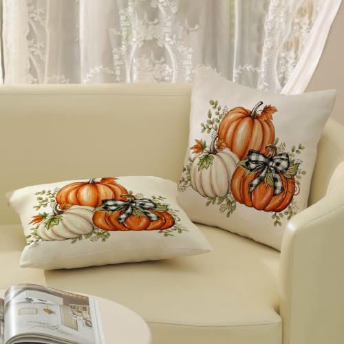 Fall Pillow Covers 18x18 Set of 2 Orange White Pumpkin Maple Leaves Plaid Throw Pillow Covers Autumn Outdoor Decorative Thanksgiving Pillow Cases Harvest Linen Cushion Cover for Couch Decor - Image 5