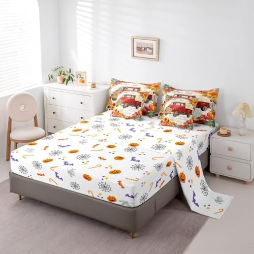 Erosebridal Red Farm Truck Car Bed in a Bag Full Comforter Set 7 Piece,Thanksgiving Pumpkin Fall Leaves Bedding Sets Autumn Harvest Farmhouse Sheet Set with Comforter - Image 4