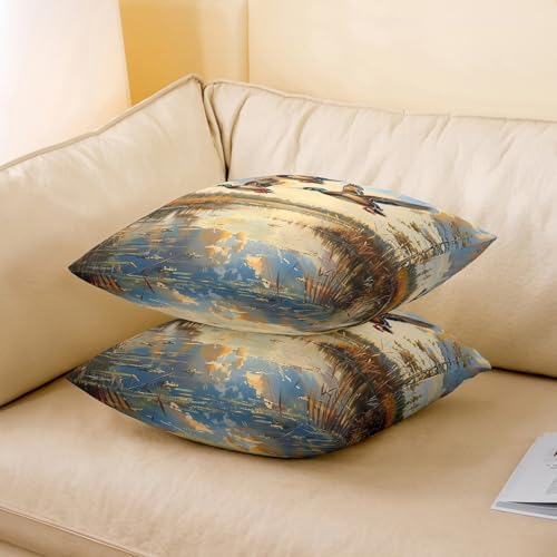 Mallard Duck Double Sides Print Pillow Covers,Rustic Cabin Farmhouse Lake Animal Throw Pillow Case Covers,Hunting Fishing Wild Bird Natural 2 Pack Cushion Covers,16"x16" - Image 3