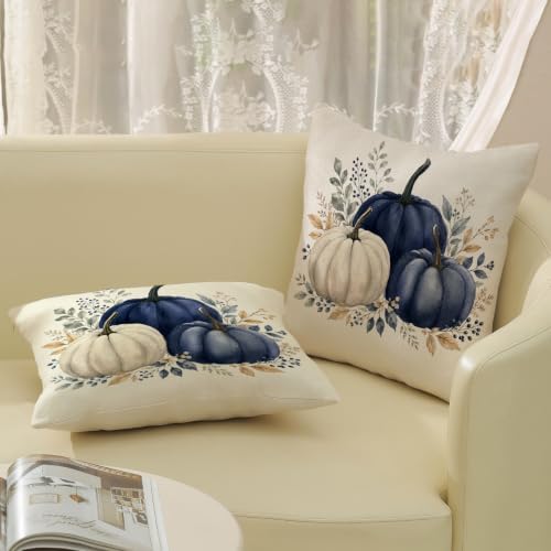 Fall Pillow Covers 18x18 Set of 2 Blue White Pumpkin Eucalyptus Leaves Pillow Covers Autumn Decorative Ourdoor Pillow Cases Thanksgiving Harvest Farmhouse Linen Cushion Cover for Couch Decor - Image 5