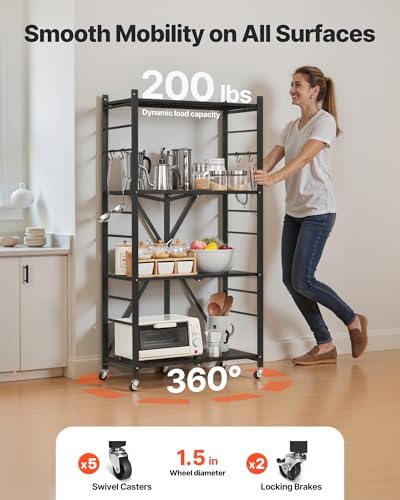 VEVOR 4-Tier Foldable Storage Shelf, 28W x 13D x 54H Inch Folding Metal Rack Shelving Unit, No Assembly Organizer Shelf with 5 Wheels & 4 Hooks for Pantry, Kitchen, Garage, Basement, Black - Image 4