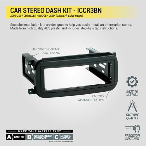 Scosche ICCR3BN Single DIN Radio Install Dash Kit Compatible with Select 2002-07 Chrysler, Dodge & Jeep Vehicles - Complete Basic Car Stereo Installation Kit - See Vehicle Fit Guide in Images