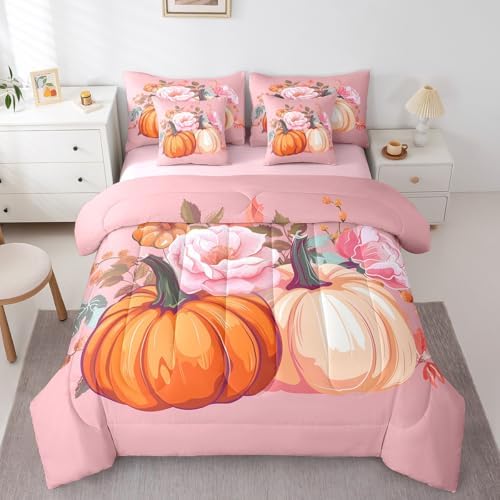 Erosebridal Fall Bedding Sets for Girls 7 Piece King Rose Pumpkin Bed in A Bag with Sheets Aesthetics Autumn Theme Comforter Set for Kids Teen Women Thanksgiving Harvest Bed Set with Comforter by Erosebridal