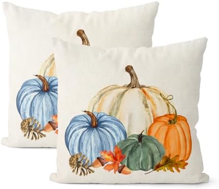 Fall Pillow Covers 18x18 Set of 2 Watercolor White Orange Blue Green Pumpkin Pillow Cases Outdoor Fall Decoration Throw Pillows Holiday Autumn Thanksgiving Cushion Case for Couch Home Decor by Gohdiwh