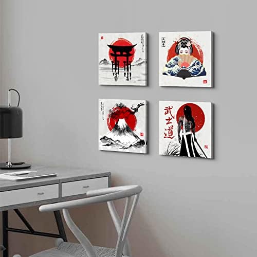 Japanese Wall Art Vintage Anime Posters Asian Samurai Geisha Fuji Mountain Picture Canvas Prints Red Decor for Living Room Bedroom Japan Painting Modern Artwork Bathroom Home Decorations 12x12” 4Pcs - Image 7