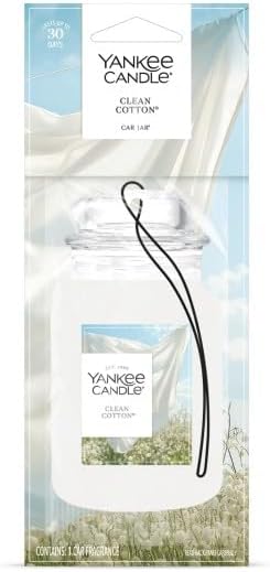 Yankee Candle Classic Paper Car Jar Air Freshener, Hanging Car Freshener, Long Lasting Odor Neutralizing Car Fragrance, Clean Cotton (Pack of 6)