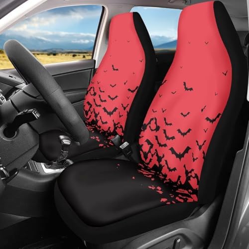 Red Black Bat Halloween Print Car Seat Cover Colorful Cute Print Front Seat Covers 2 pcs, Vehicle Seat Protector Car Mat Covers, Fit Most Vehicle, Cars, Sedan, Truck, SUV, Van