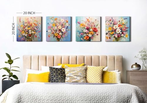 Modern Framed Colorful Wildflower Canvas Wall Art for Living Room Wild Flower Pictures Girls Bedroom Bathroom Decor Floral Prints Watercolors Pinting Bedroom Dinner Room Home Decorations 20x20”4 Pcs - Image 6