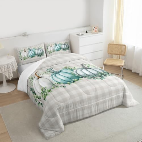 Erosebridal Pumpkins Comforter Set King Size Eucalyptus Leaves Bedding Set for Teens Kids Adult Fall Autumn Thanksgiving Harvest Vintage Down Comforter Blue Botanical Grid Bedroom Decor Quilted Duvet - Image 2
