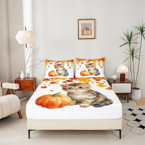 Cute Pumpkin Cat Bed Sheets Queen Kawaii Watercolor Cat Sheet Set For Kids Boys Girls Autumn Fall Maple Leaf Bedding Thanksgiving Harvest Seasonal Fitted Sheet Orange White Flat Sheet 2 Pillow Cases - Image 4