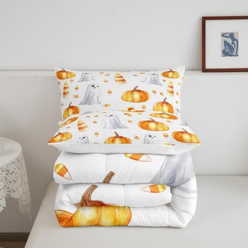 Erosebridal Halloween Pumpkin Comforter Set Boys Kids Cute Ghost Pumpkin Light Bedding Queen 3Pcs, Pumpkin Decor Bedding Comforter Sets for Girls Children Autumn Decorations Comforter for Home - Image 5