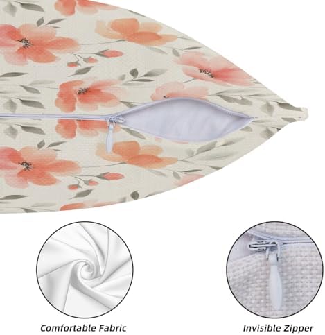 KiuLoam Spring Peach Floral Pillow Covers 22x22 Inch Set of 2, Coral Pink Watercolor Flower Rustic Decorative Throw Pillows, Farmhouse Outdoor Square Cushion Cases for Sofa Couch Bed Home Decor - Image 5