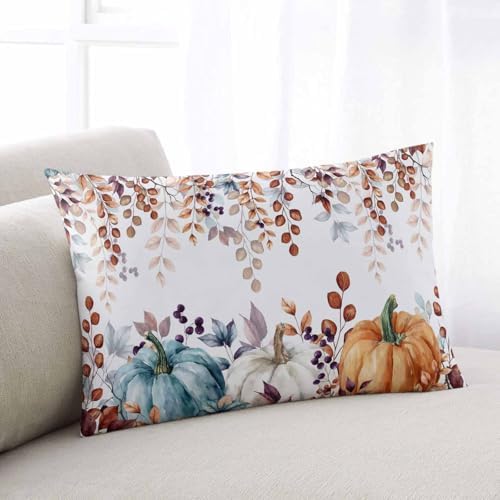 Pillow Covers 16x24 Inch Fall Watercolor Pumpkin and Brown Eucalyptus Leaves Soft Brushed Microfiber Pillowcases with Hidden Zipper Closure Bed Pillow Shams for Bedroom Sofa Car by T%26H+XHome