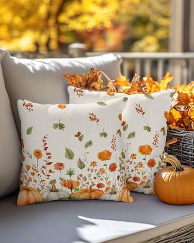 Fall Green Orange Pumpkin Pillow Covers 20x20 Inch Set of 2, Thanksgiving Autumn Wildflowers Decorations Indoor Outdoor Throw Pillows, Orange Blue Linen Pillowcases for Patio Sofa Couch Bedroom - Image 4